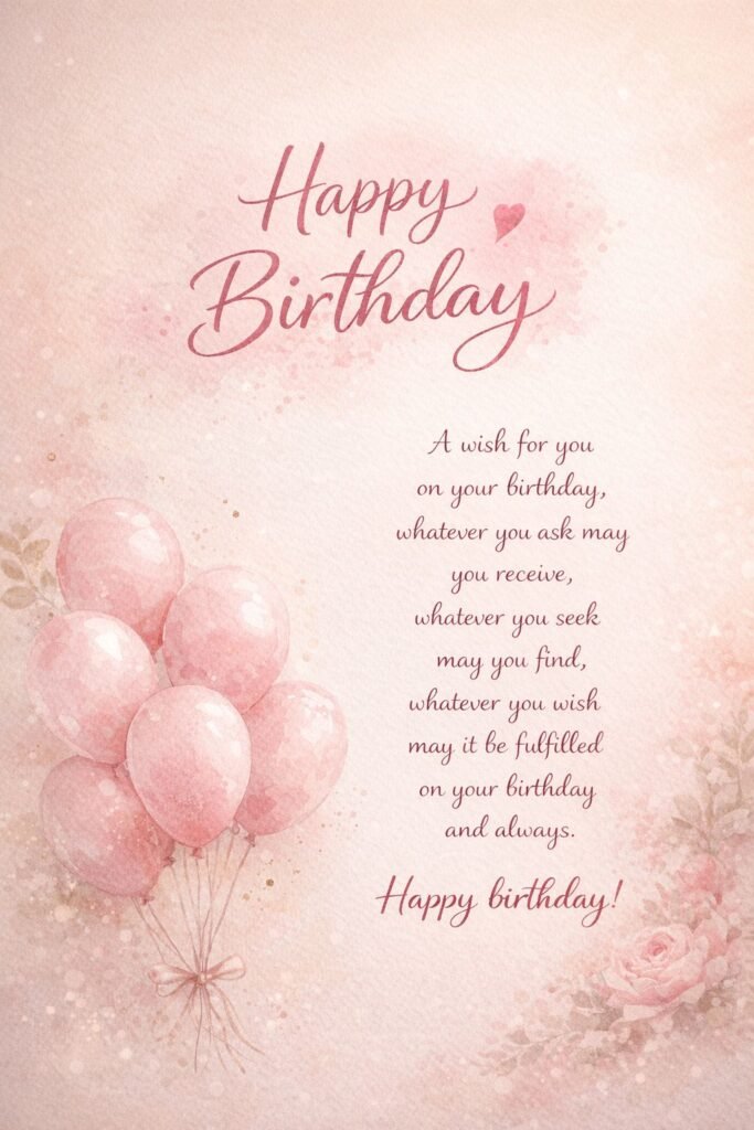 Elegant Pink Happy Birthday Image with Balloons and Heartfelt Wishes