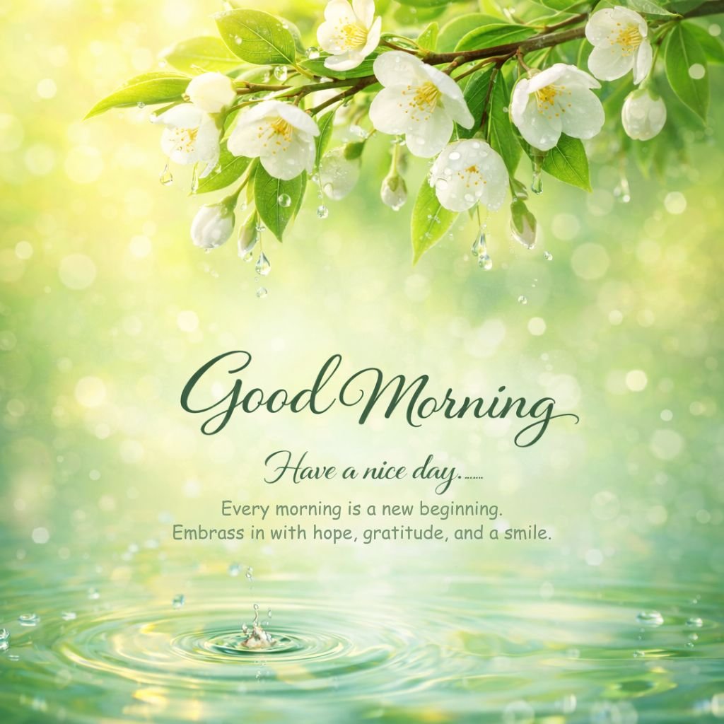 Fresh White Blossom Good Morning Image with Water Drops and Inspirational Quote