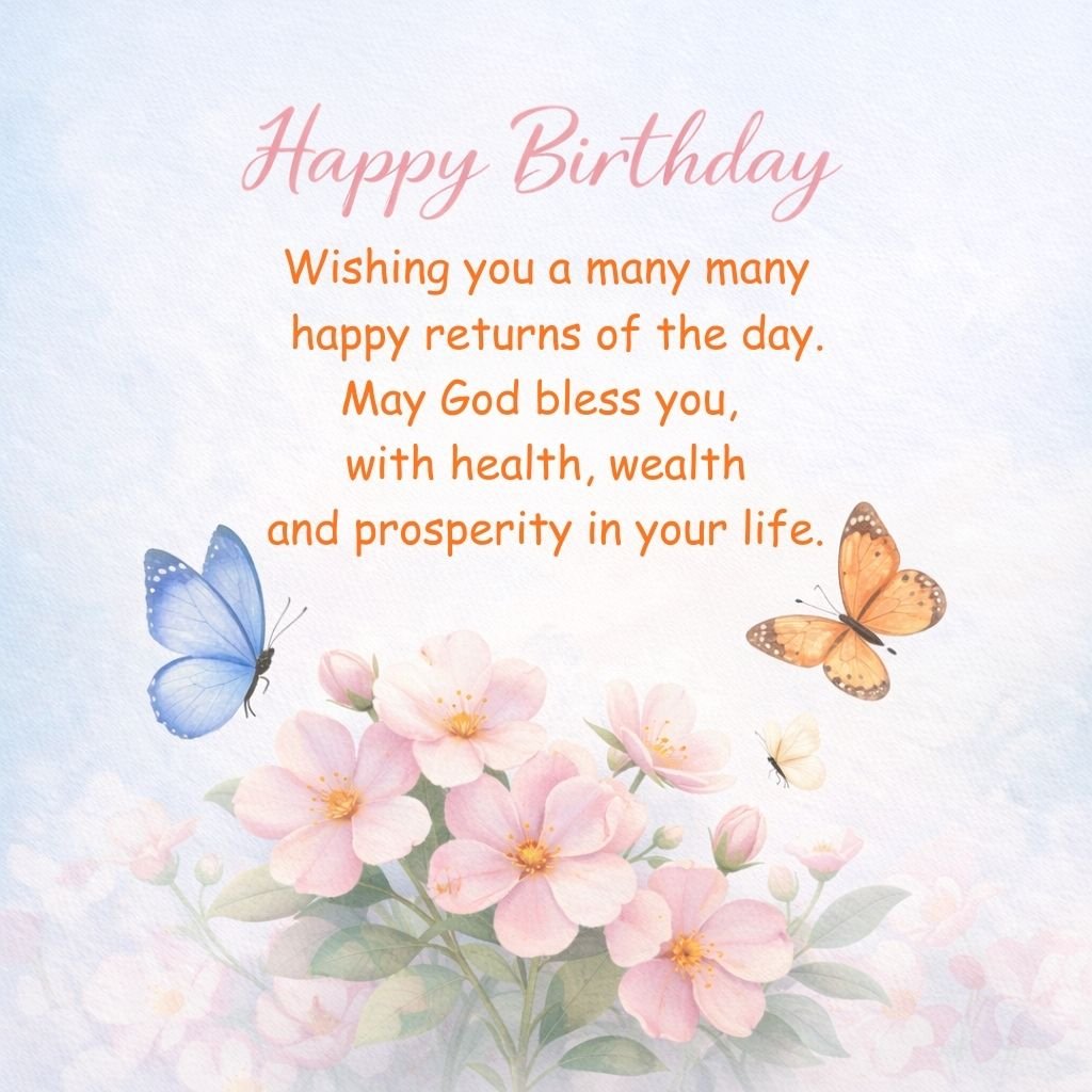 Happy Birthday Blessings Image with Flowers and Butterflies