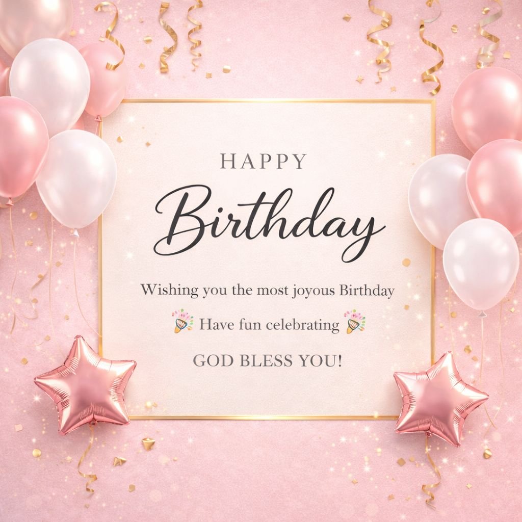 Happy Birthday Blessings Image with Pink Balloons and Gold Frame 