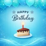 Happy Birthday Cake Image with Candle and Blue Balloons Background – Free Birthday Wishes Image Download