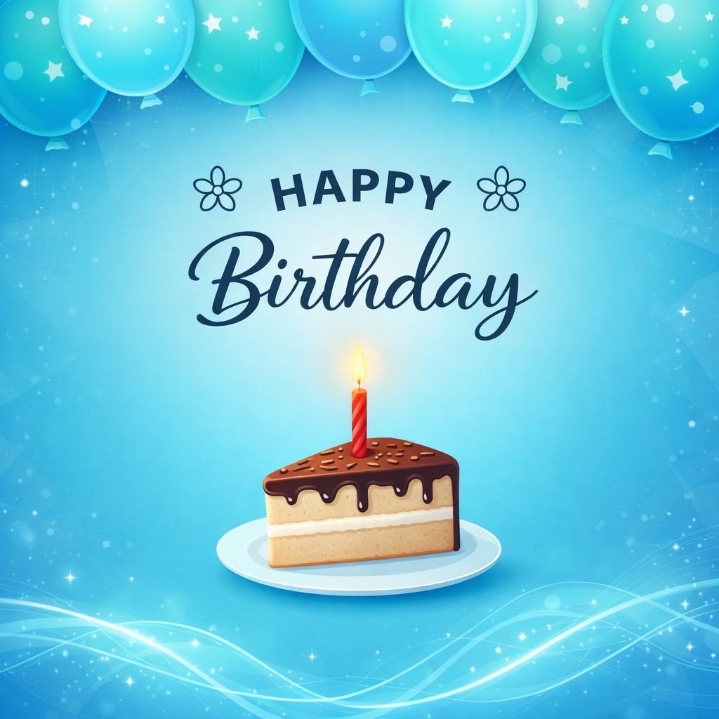 Happy Birthday Cake Image with Candle and Blue Balloons Background – Free Birthday Wishes Image Download