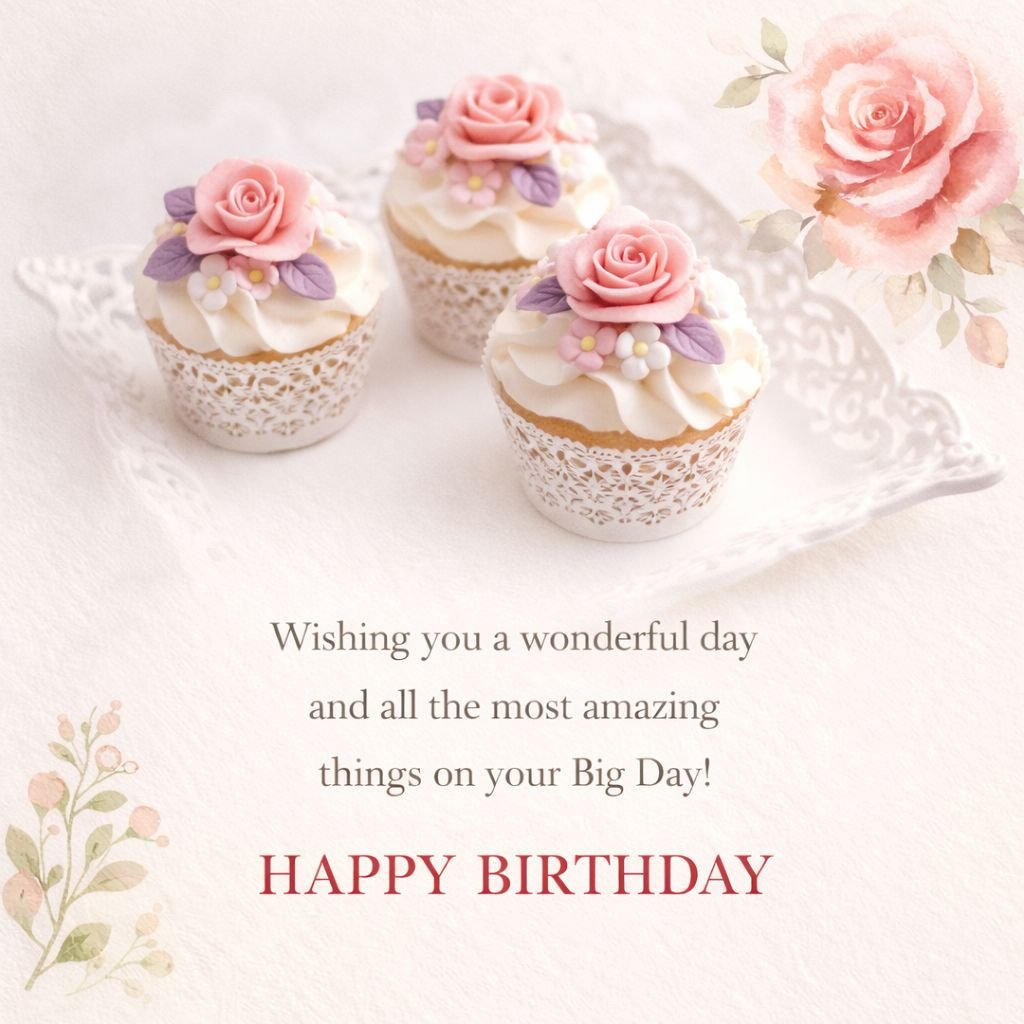 Happy Birthday Cupcake Image with Pink Roses