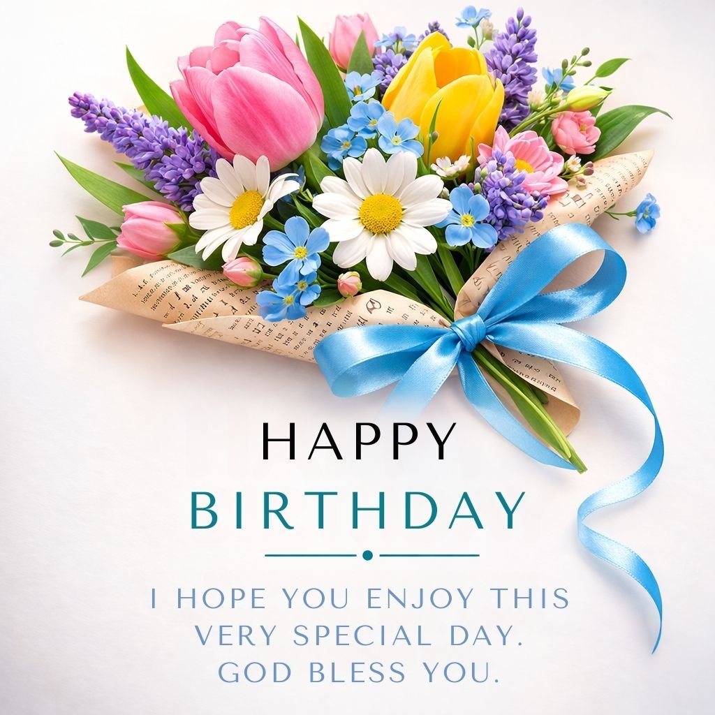 Happy Birthday Flower Bouquet Image with Colorful Tulips and Daisies