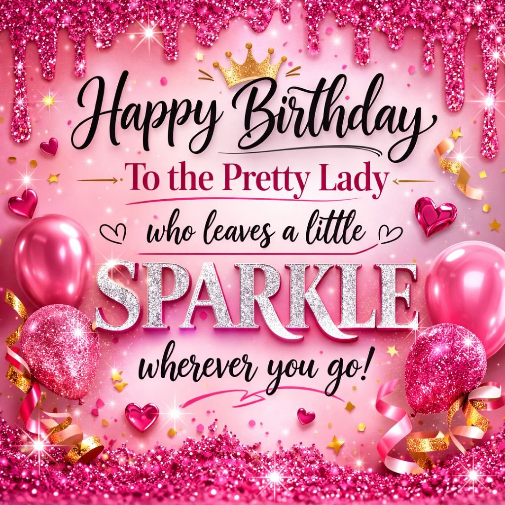 Happy Birthday Pretty Lady Image with Pink Glitter and Balloons 
