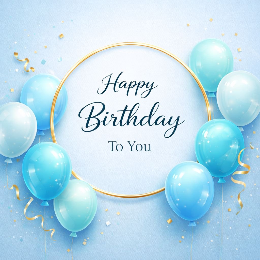 Happy Birthday To You Image with Blue Balloons and Gold Circle Frame 