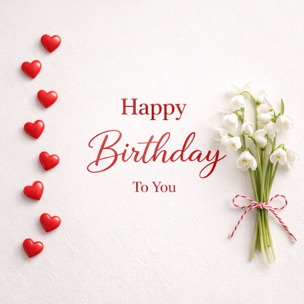 Happy Birthday To You Image with Red Hearts and White Flowers – Elegant Birthday Wishes Image Free Download