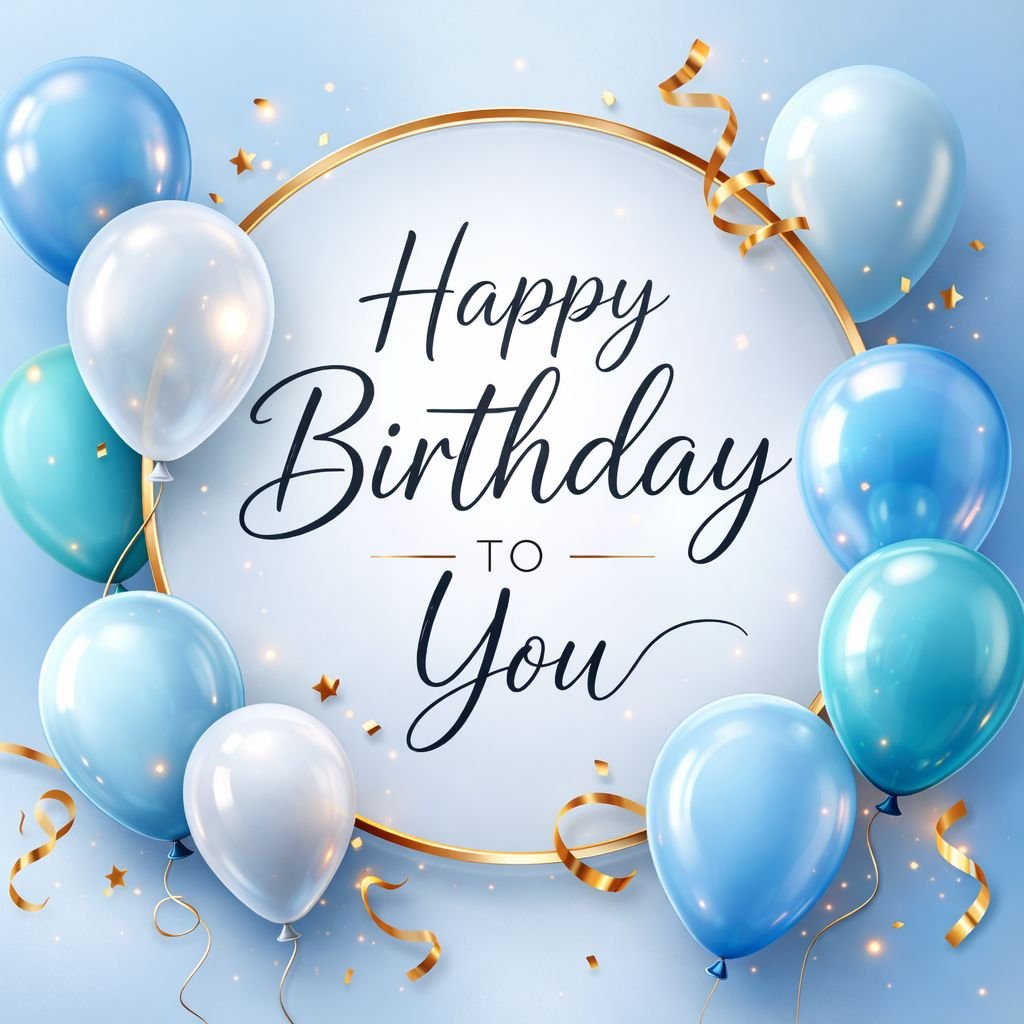 Happy Birthday to You Image with Blue Balloons and Golden Frame – Free Birthday Wishes Image Download