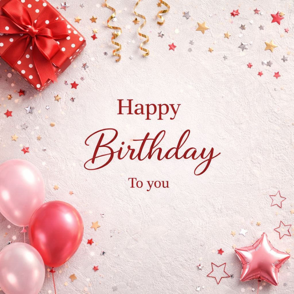 Happy Birthday to You Image with Gift Box, Balloons and Confetti