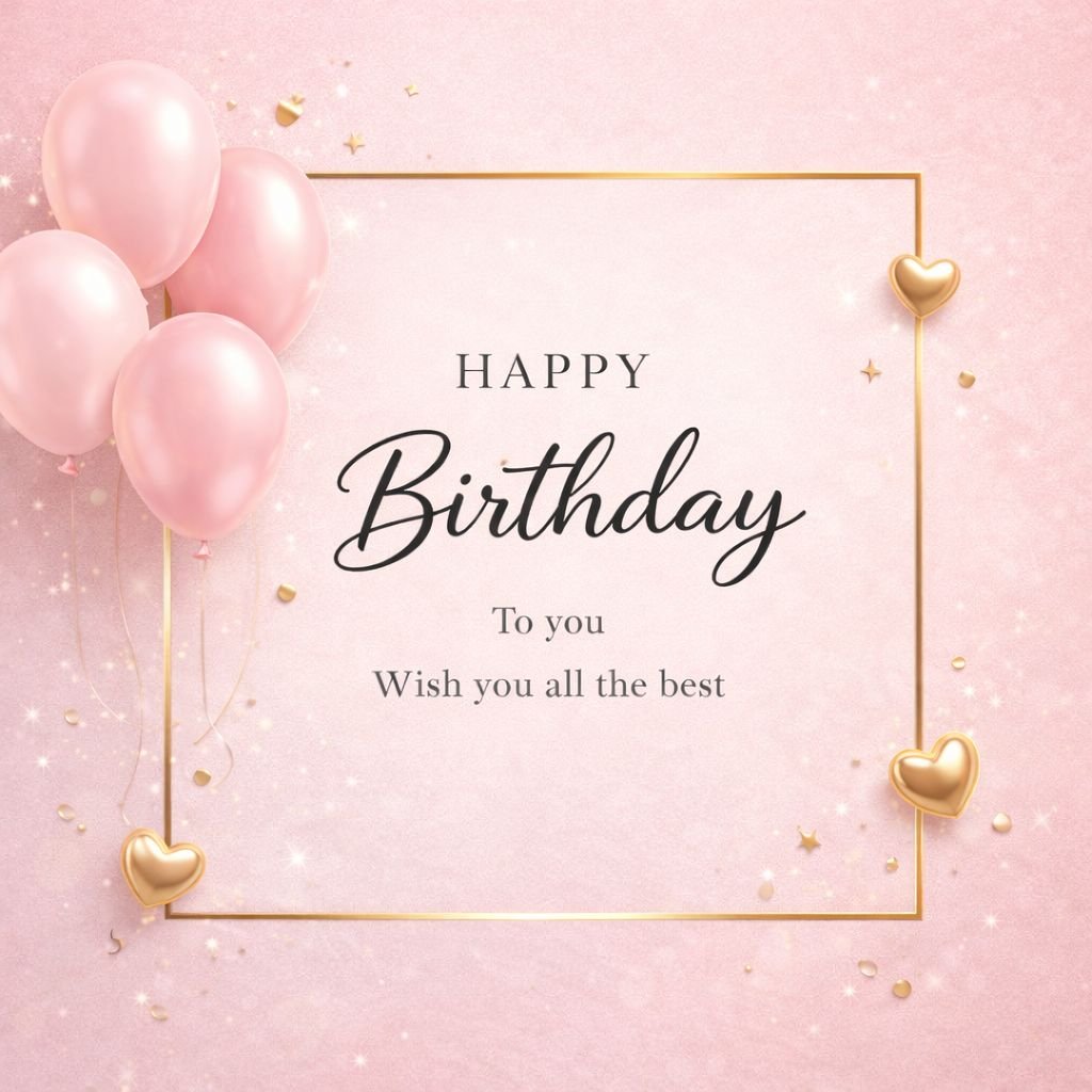 Happy Birthday to You Image with Pink Balloons and Golden Hearts 