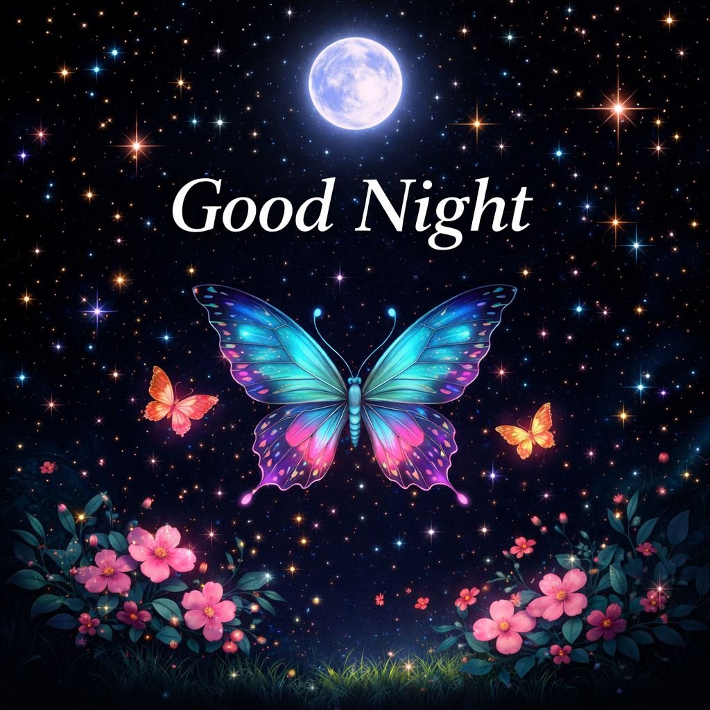 Magical Good Night Butterfly Image with Moon and Stars