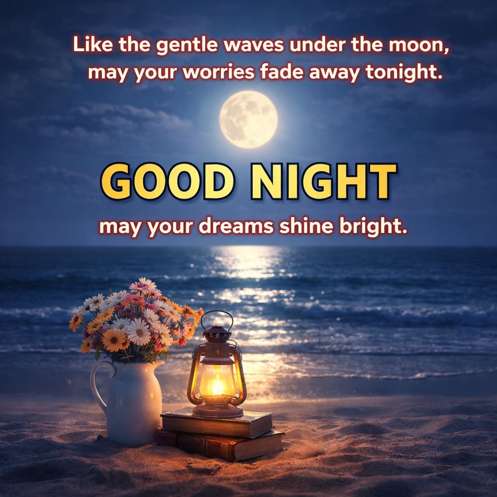 Peaceful Beach Good Night Image with Moon and Quotes