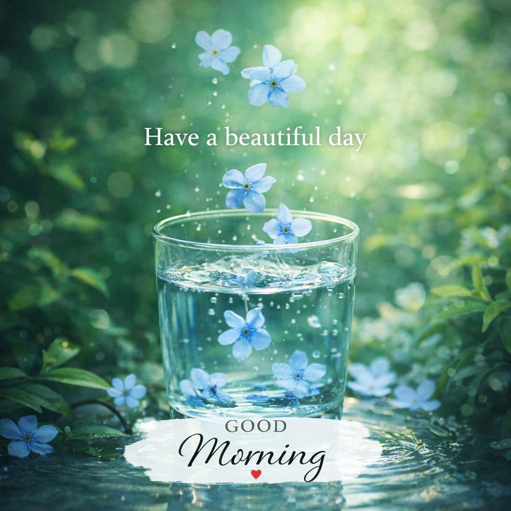 Refreshing Good Morning Image with Flowers and Water Glass Nature Scene