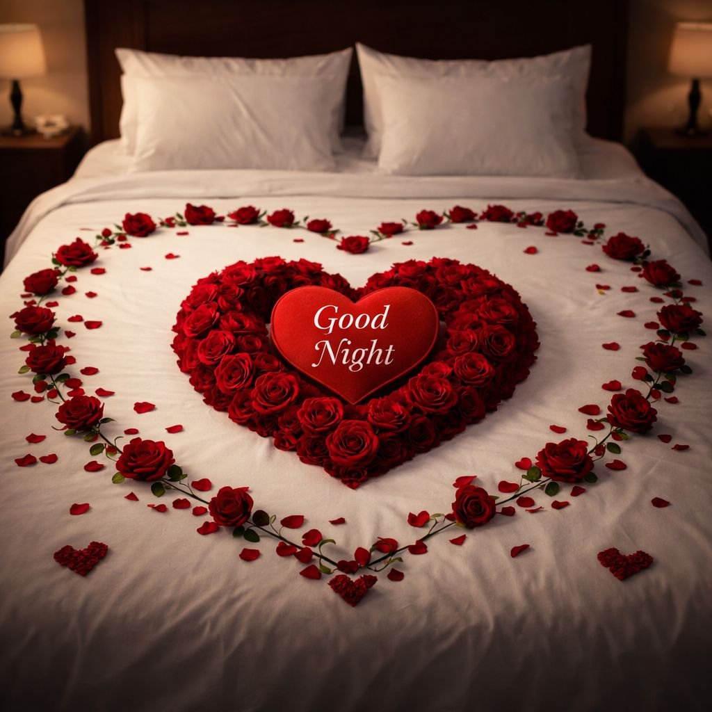 Romantic Good Night Rose Heart Bed Decoration Image