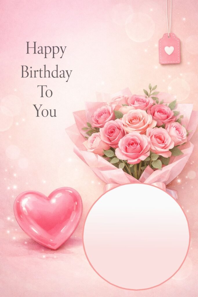 Romantic Happy Birthday Image with Pink Roses and Heart Balloon