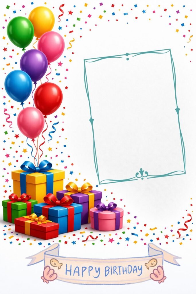 colorful happy birthday card with balloons, gifts and photo frame template