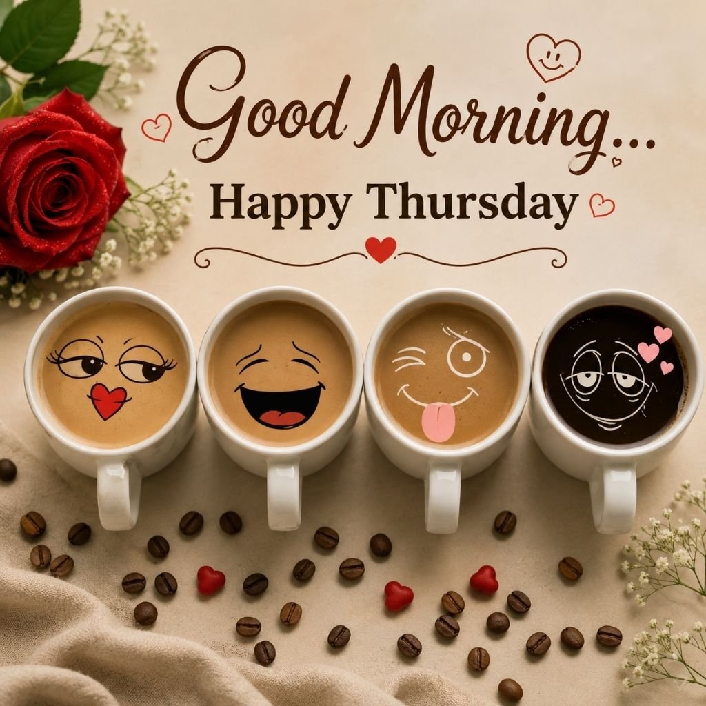 cute coffee faces Thursday greeting
