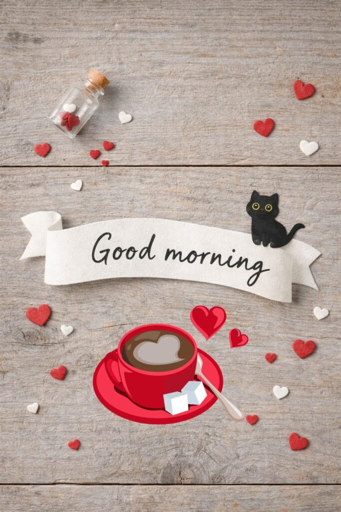 cute good morning coffee with hearts and cat