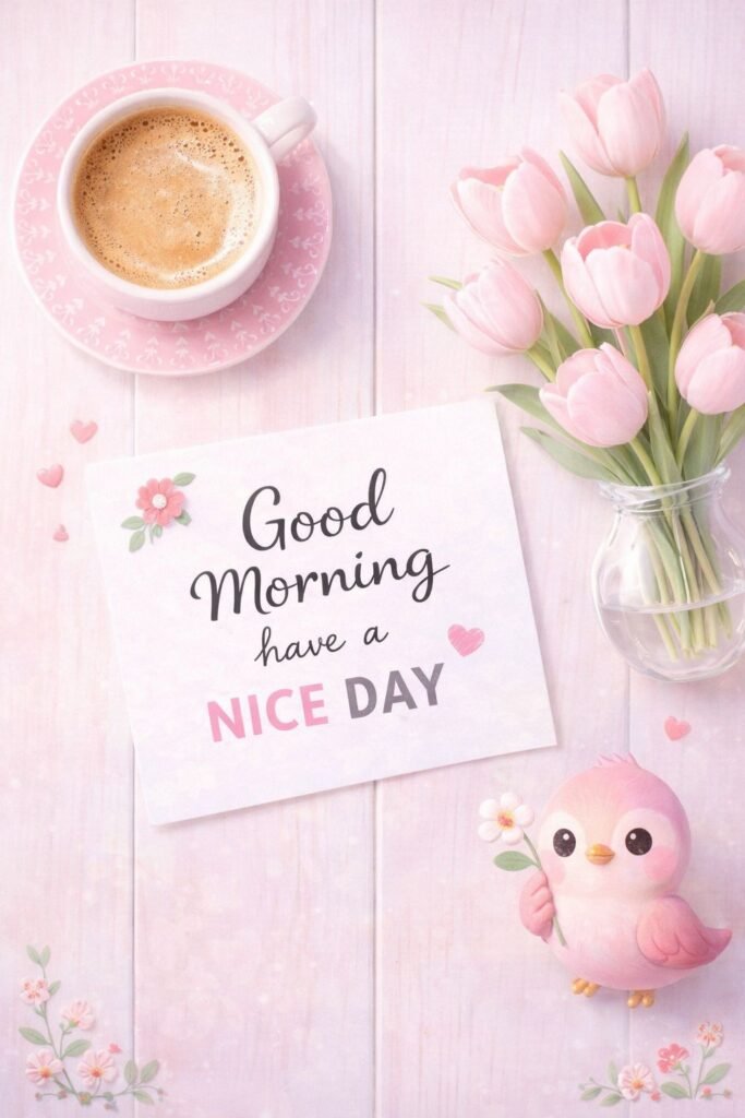 cute good morning with flowers and coffee image