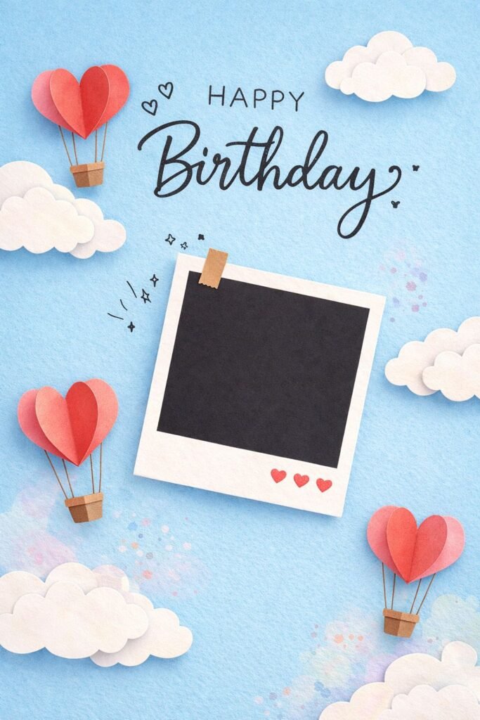 cute happy birthday card with heart balloons, clouds and photo frame