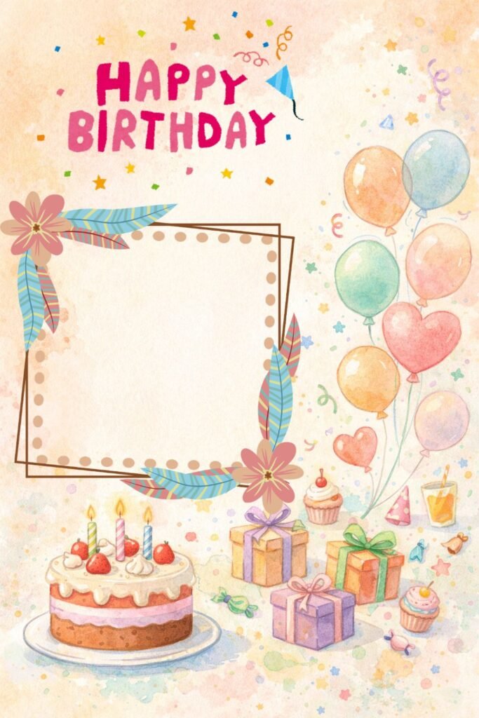 cute happy birthday watercolor card with balloons, cake and gifts