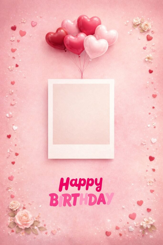 cute pink happy birthday card with heart balloons and photo frame