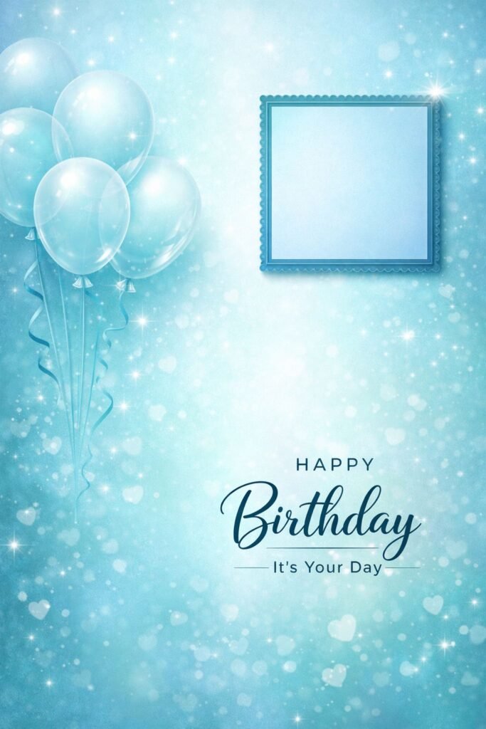 elegant blue happy birthday card with balloons and photo frame template