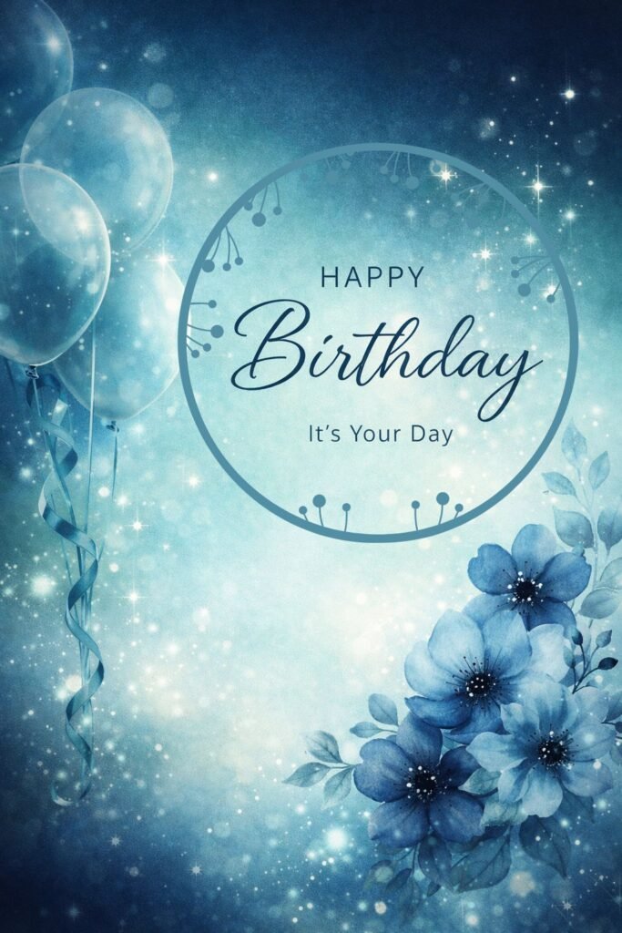 elegant blue happy birthday image with balloons and floral design