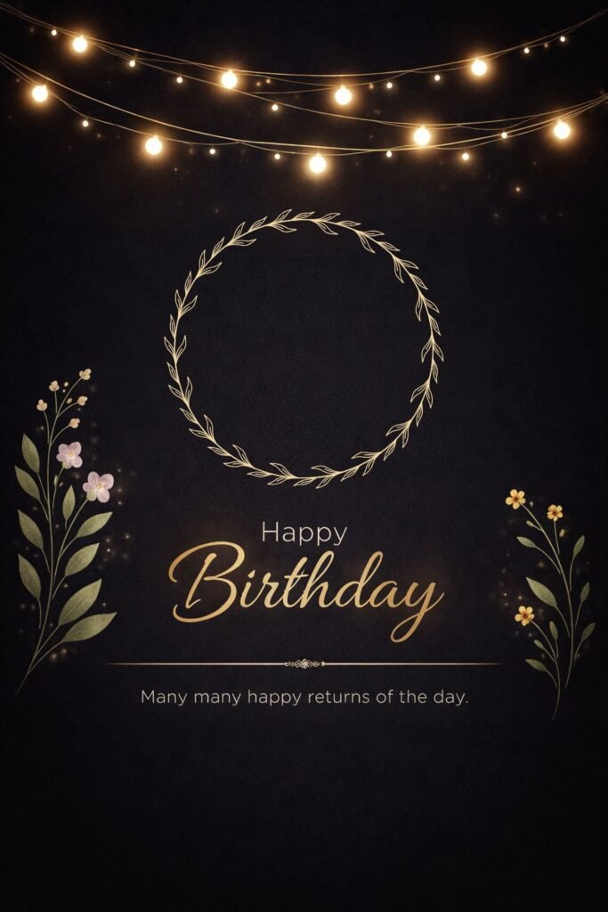 elegant dark happy birthday card with golden wreath and lights frame