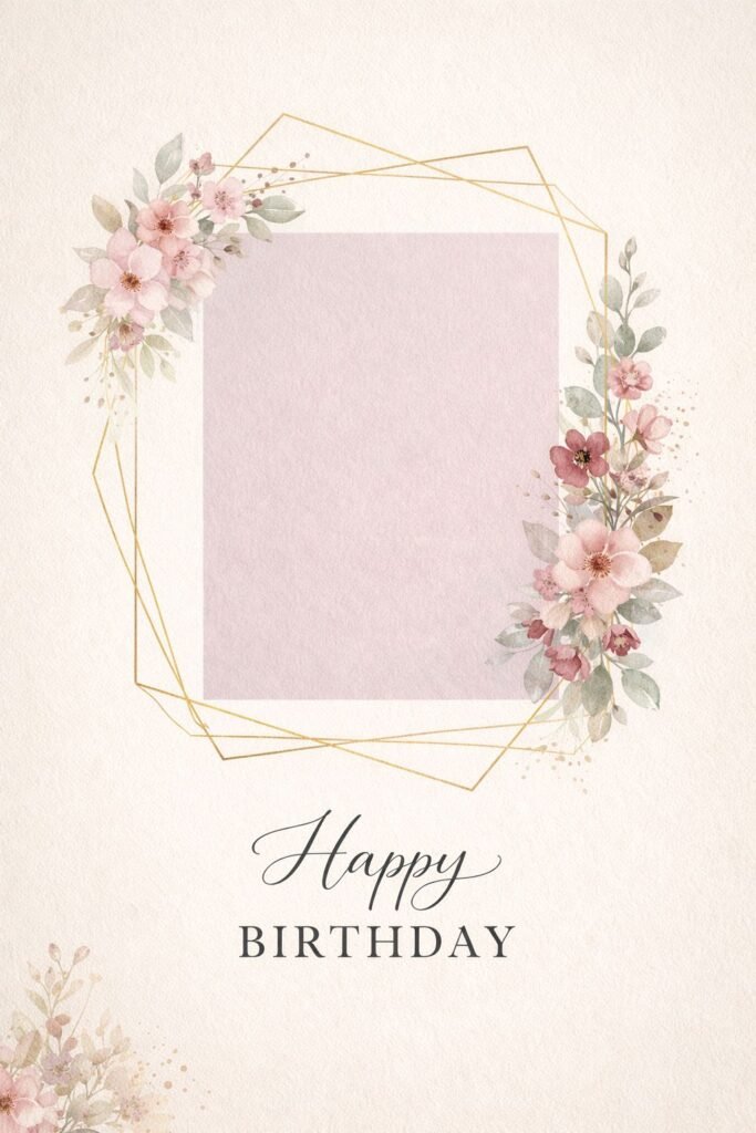 elegant floral happy birthday card with gold frame and photo placeholder
