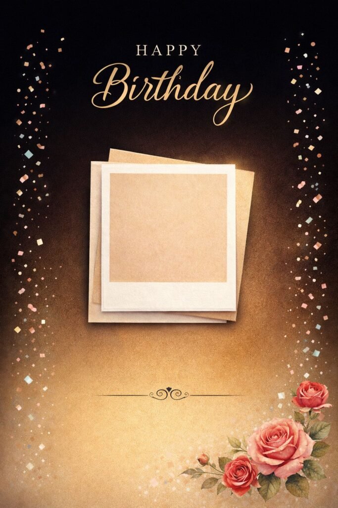 elegant gold happy birthday card with roses and photo frame template