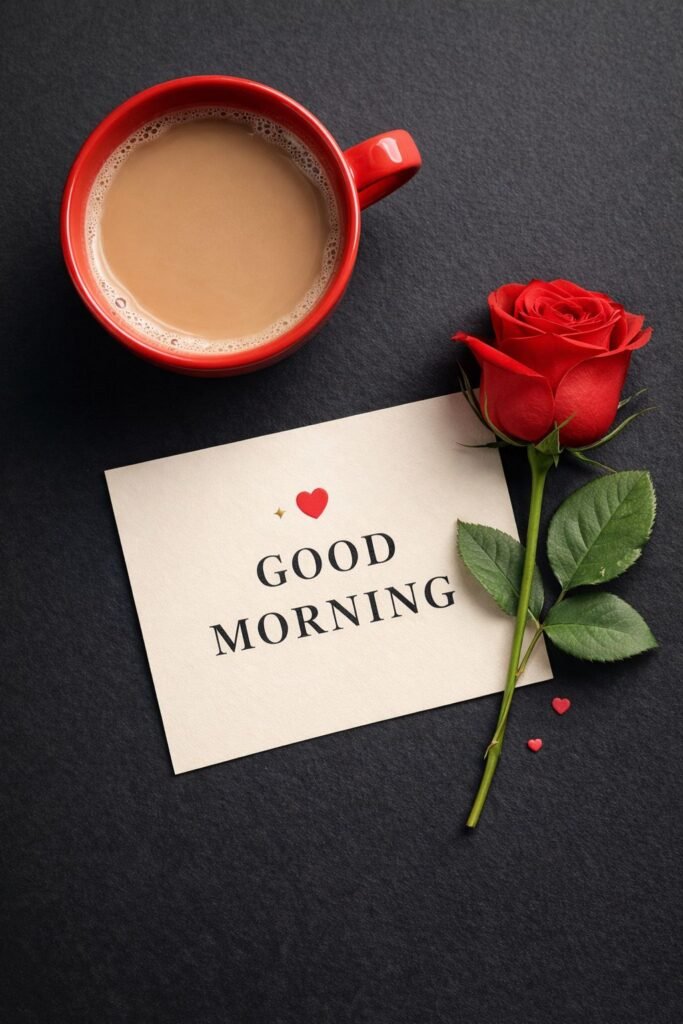elegant good morning coffee and red rose