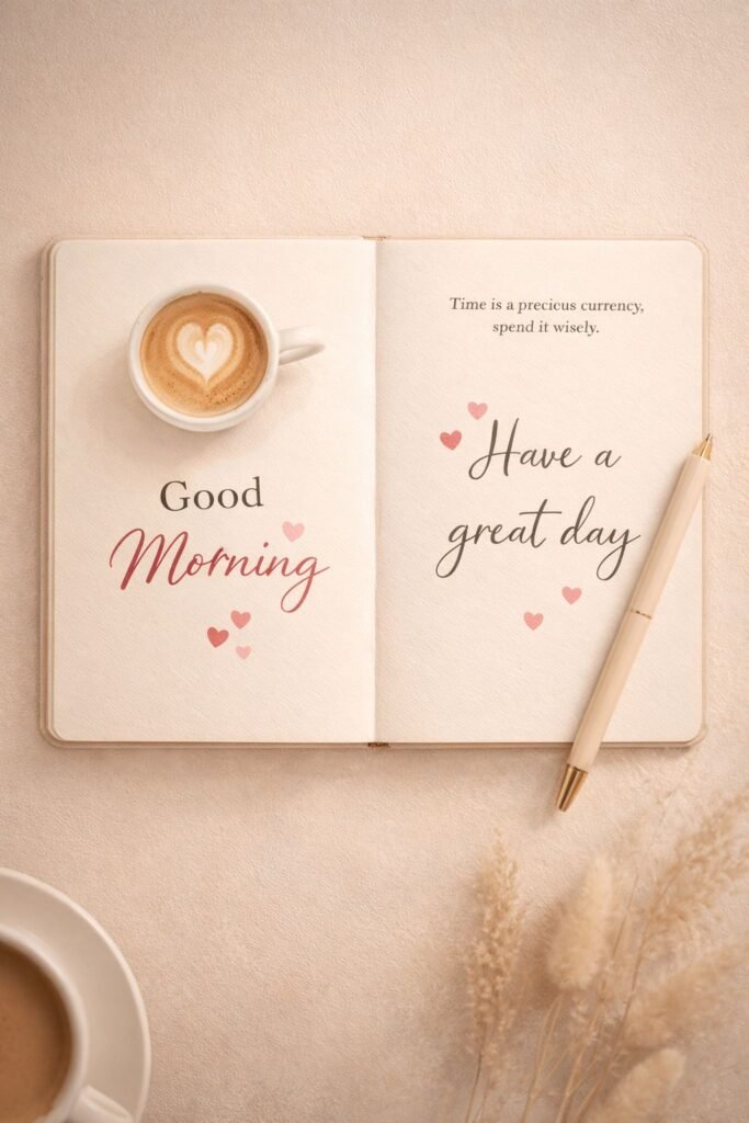 elegant good morning notebook with coffee