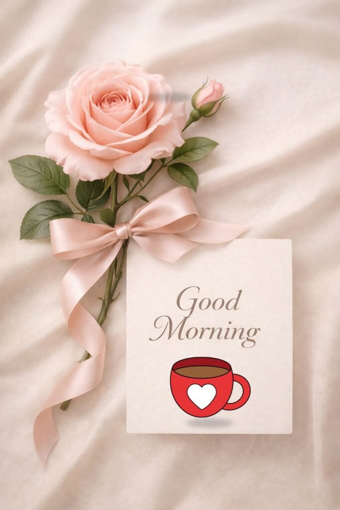 elegant good morning pink rose card with coffee