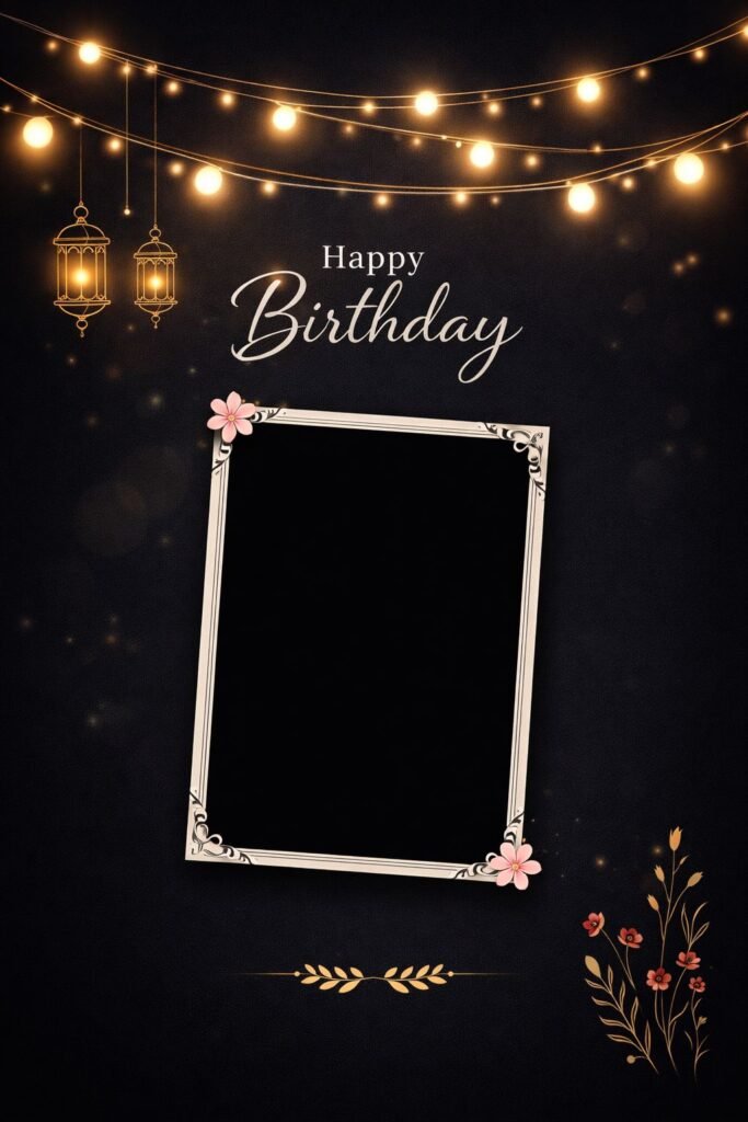 elegant happy birthday card with lights, lanterns and photo frame template