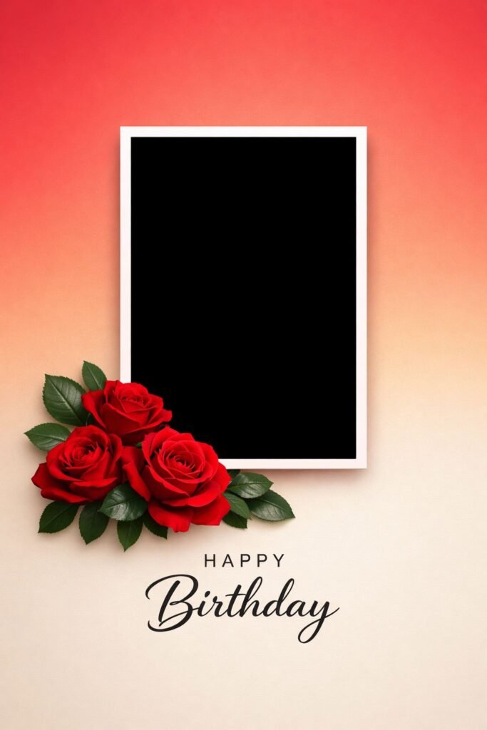 elegant happy birthday card with red roses and photo frame template