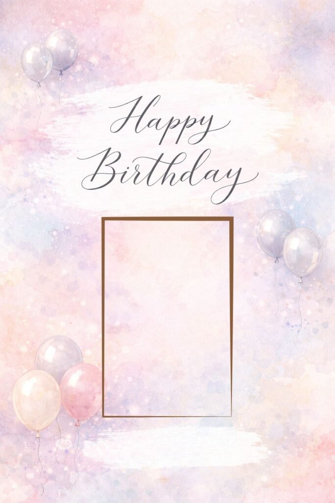 elegant pastel happy birthday card with balloons and photo frame