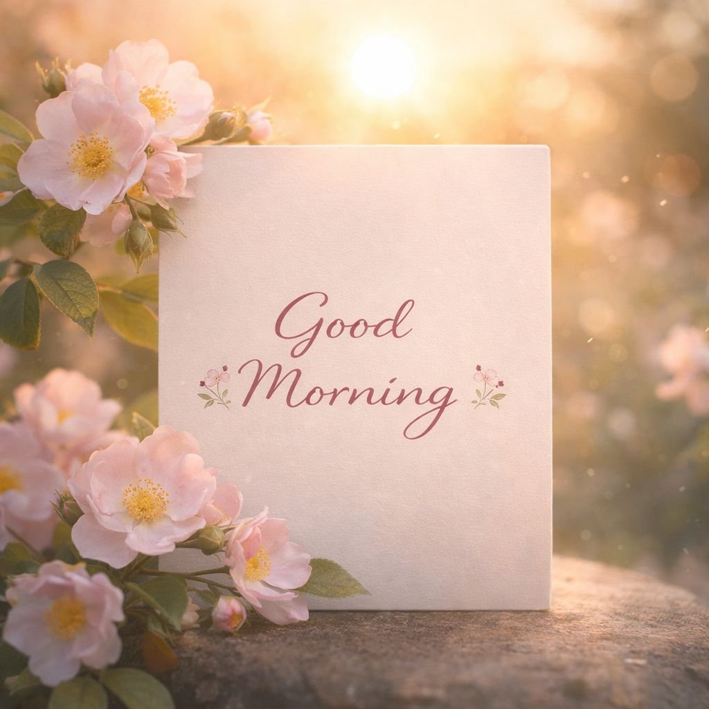 good morning flower card with soft sunlight