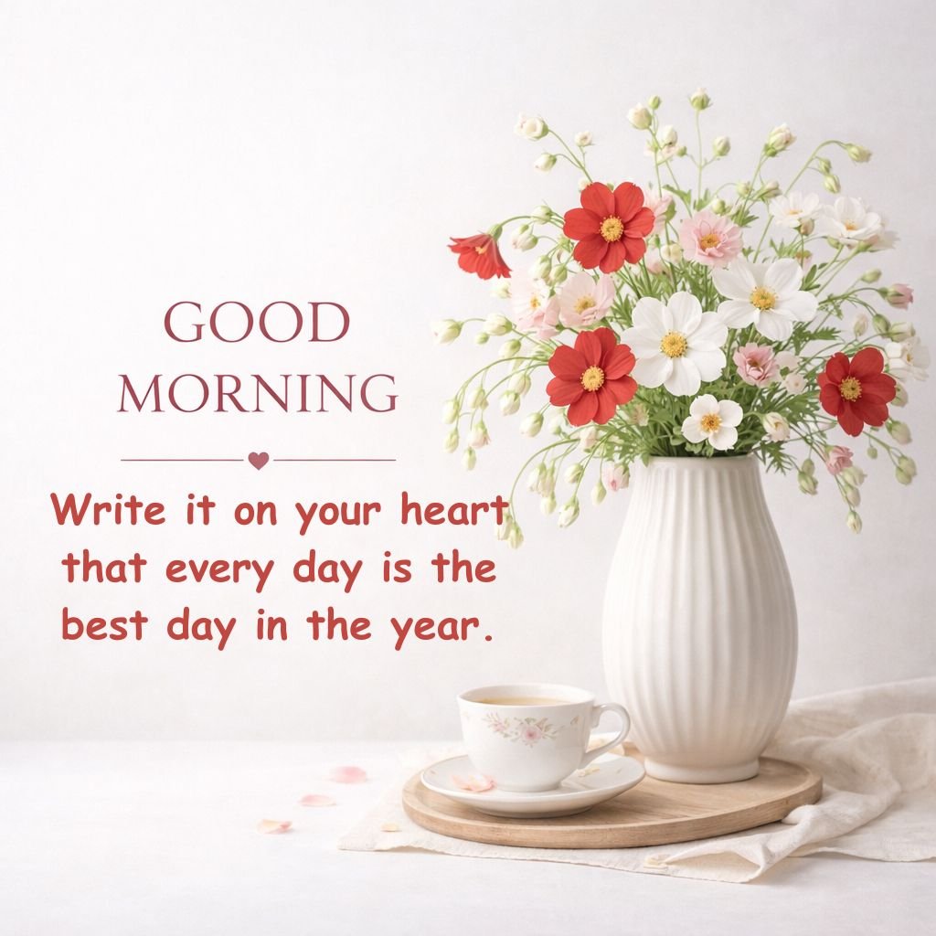 good morning flower vase image with motivational quote