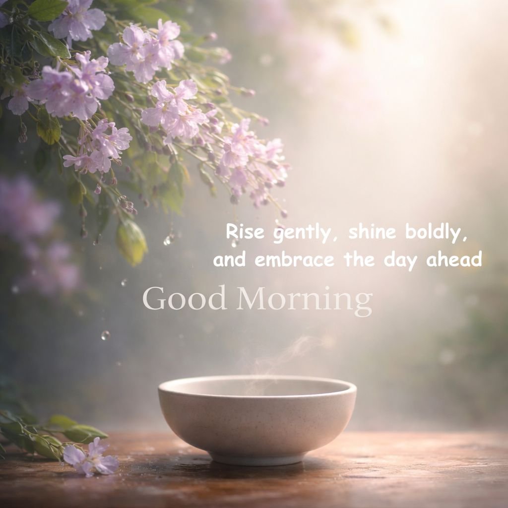 good morning inspirational quote with flowers and tea