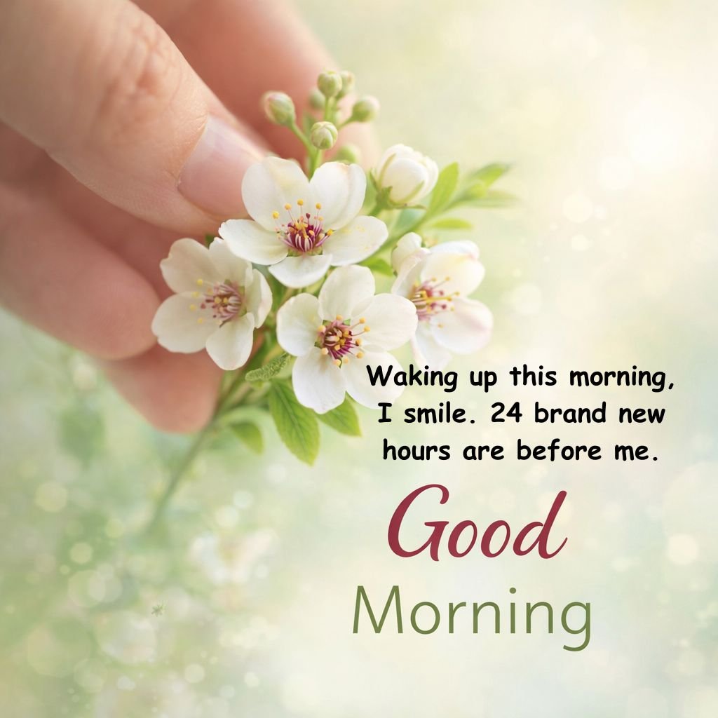 good morning inspirational quote with white flowers