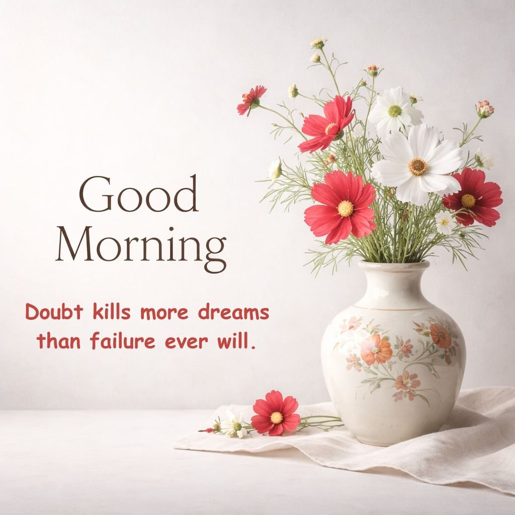 good morning motivational quote image with flowers in vase
