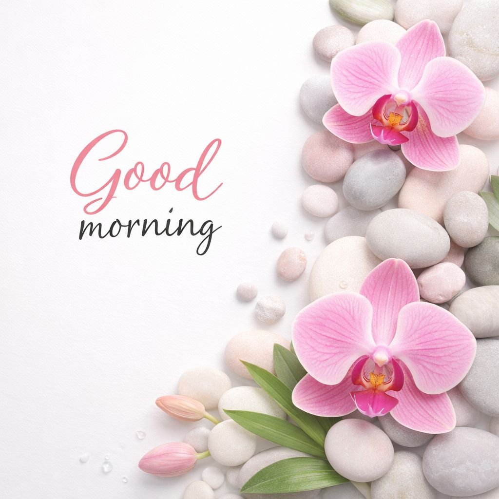 good morning orchid flower image with pebbles