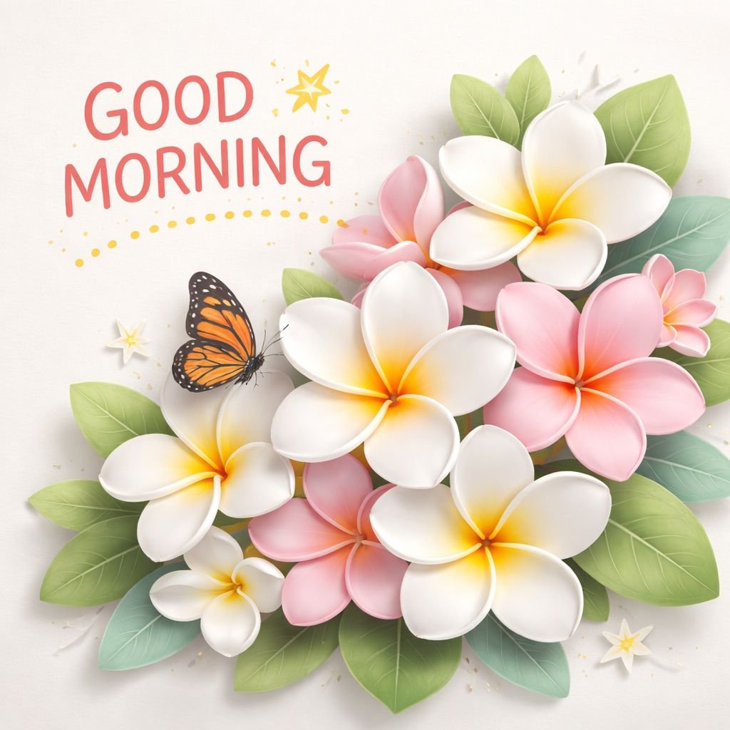 good morning tropical flower image with butterfly