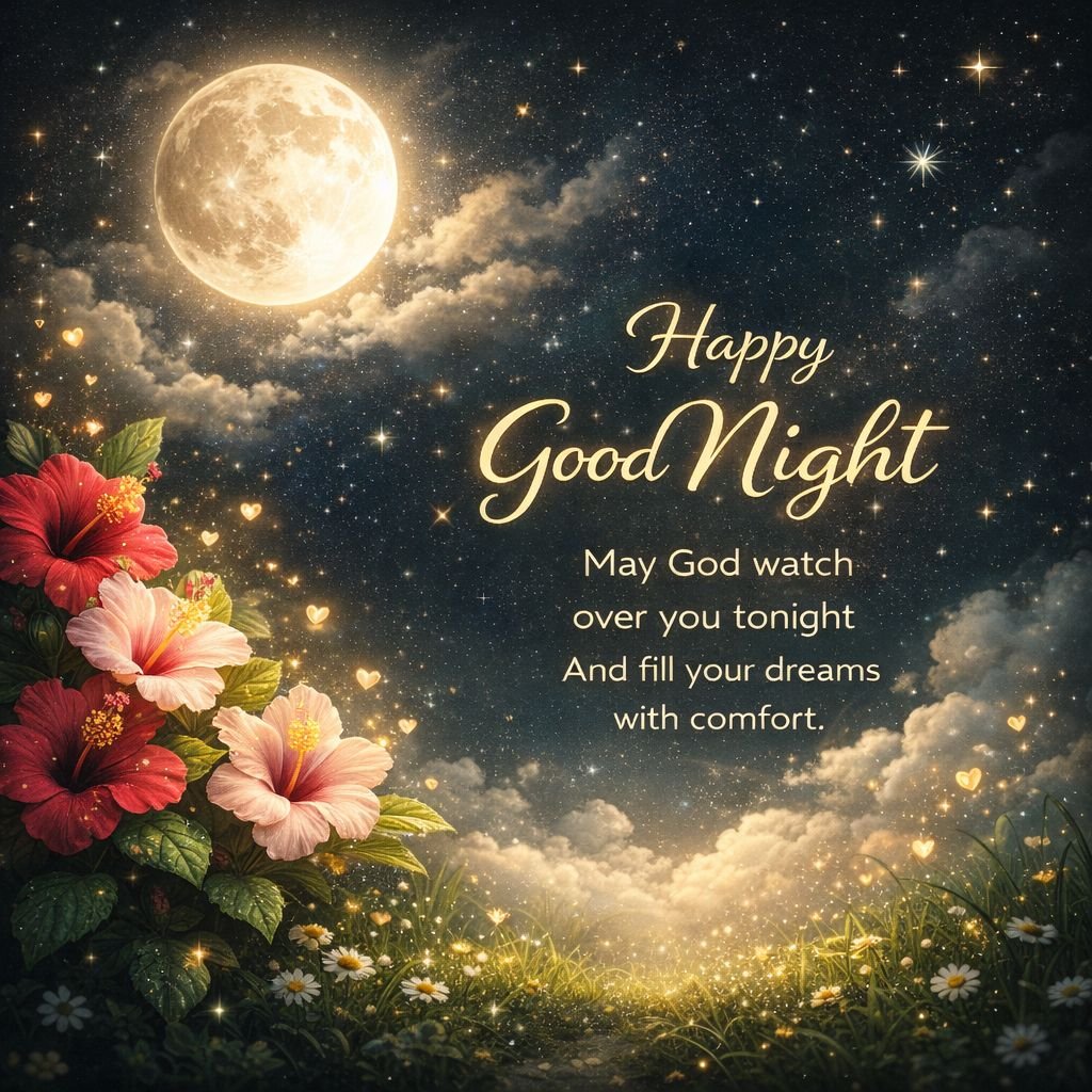 good night blessings with moon and flowers