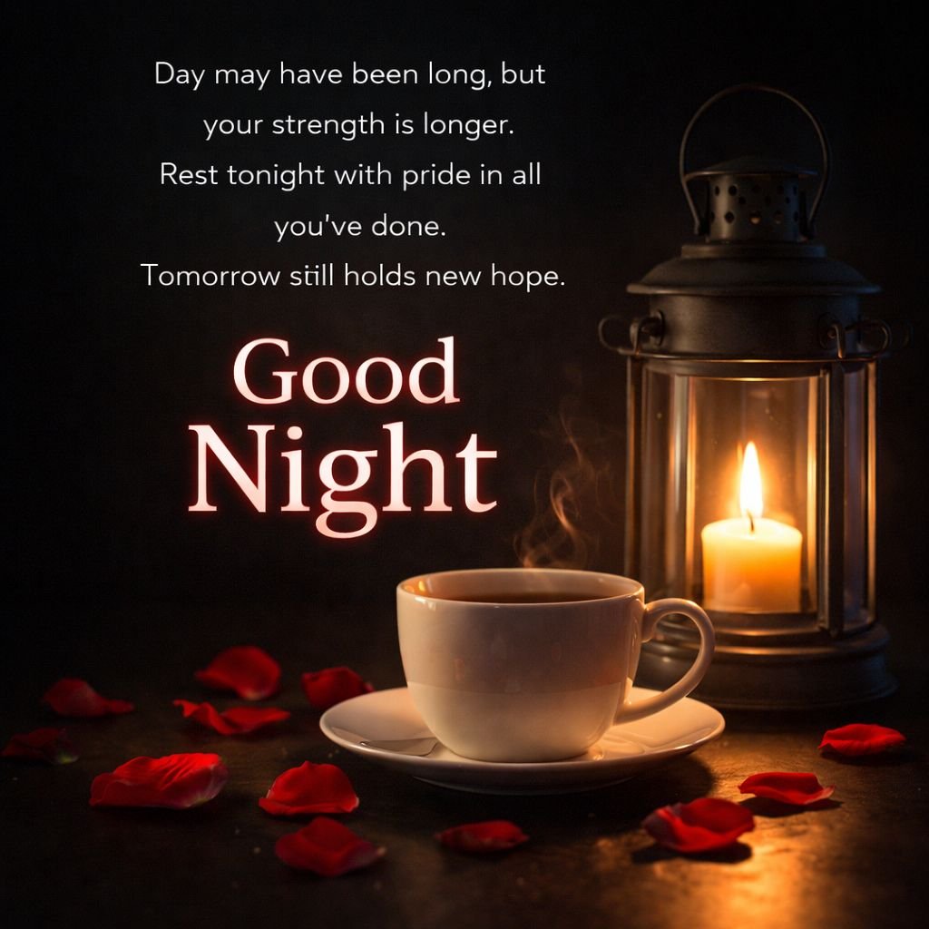 good night inspirational quote with candle and coffee
