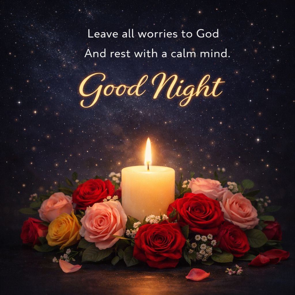 good night prayer image with candle and roses