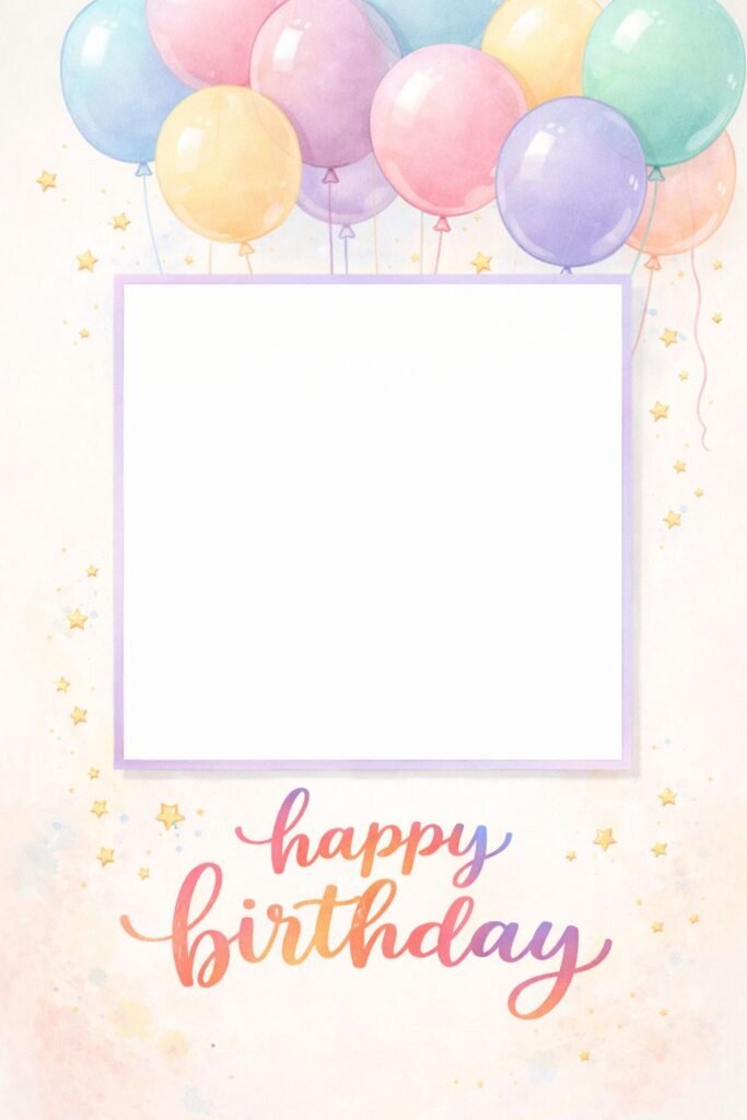 happy birthday balloon frame card – pastel photo placeholder design
