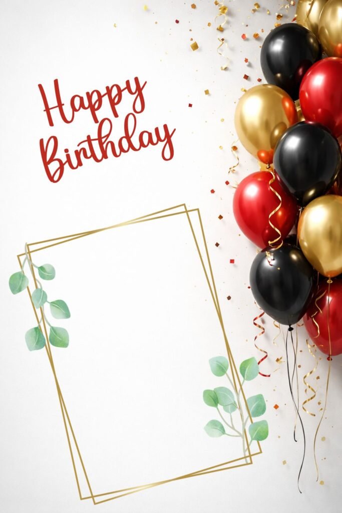 happy birthday card with red, black & gold balloons and photo frame