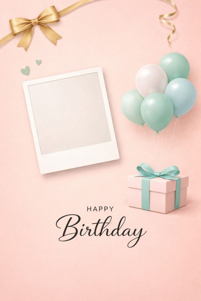 minimal pastel happy birthday card with balloons, gift box and photo frame